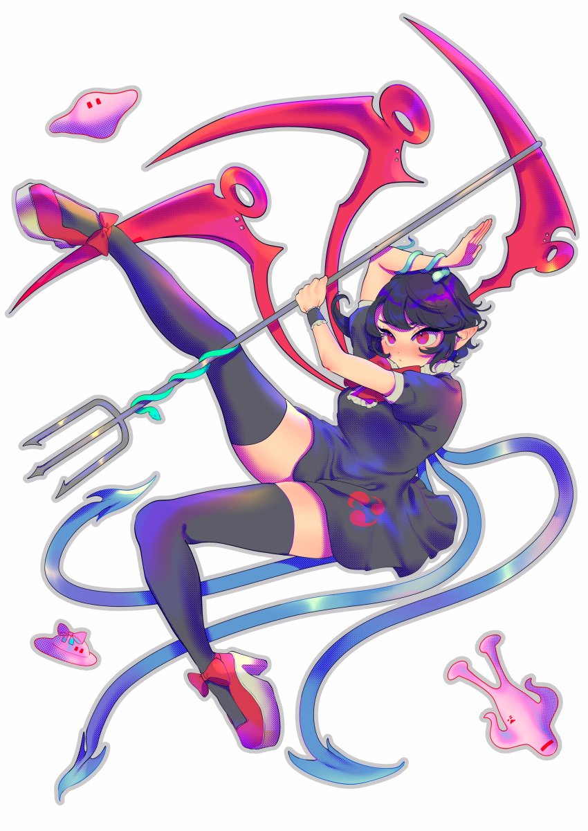 1girl absurdres asymmetrical_wings black_dress black_hair black_thighhighs blue_wings bow closed_mouth commentary_request dress flying_saucer footwear_bow frills full_body halftone high_heels highres holding_polearm houjuu_nue leg_up medium_hair mother_(series) nintendo pink_eyes pointy_ears polearm red_bow red_wings short_dress short_sleeves simple_background snake solo spacecraft starman_(mother) thighhighs touhou trident weapon white_background wings yamazaki_tsukune