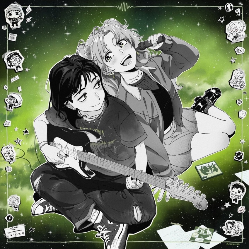 4boys 6+girls :d apron band_shirt beanie bracelet brothers cd_case chibi chibi_inset chizuru_(kininatteru_hito_ga_otoko_ja_nakatta) commentary converse dream_widow ear_piercing eighth_note electric_guitar full_body greyscale_with_colored_background guitar hasegawa_hime hat headphones headscarf highres holding holding_microphone indian_style inset_border instrument jacket jewelry jnpz joe_(kininatteru_hito_ga_otoko_ja_nakatta) kanna_(kininatteru_hito_ga_otoko_ja_nakatta) kininatteru_hito_ga_otoko_ja_nakatta koga_mitsuki lightning_bolt_symbol long_hair looking_at_another mao_(kininatteru_hito_ga_otoko_ja_nakatta) media_player_interface merchandise microphone miniskirt mole mole_under_eye mother_and_son multiple_boys multiple_girls music musical_note nail_polish narita_kei necklace nirvana_(band) oosawa_aiko oosawa_aki oosawa_amu oosawa_aya open_clothes open_jacket open_mouth pants piercing playing_guitar playing_instrument ring shirt shoes short_hair short_sleeves siblings sitting skirt sky smile sneakers socks star_(sky) star_(symbol) starry_sky sweater t-shirt teeth the_strokes the_white_stripes tomboy torn_clothes torn_pants twitter_username unicursal_hexagram vinyl_record waveform yamaha yamaha_pacifica