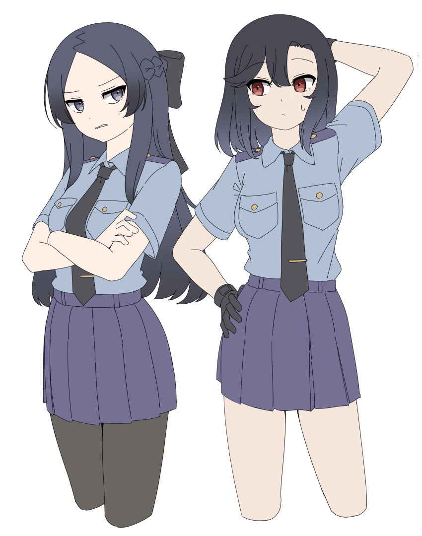2girls absurdres arm_behind_head arm_up bismuth_(paravene) black_bow black_gloves black_hair black_necktie black_pantyhose blue_shirt bow braid breasts collared_shirt cropped_legs crossed_arms gloves grey_eyes hair_between_eyes hair_bow highres long_hair multiple_girls necktie original pantyhose parted_bangs pleated_skirt purple_skirt red_eyes shirt short_sleeves simple_background skirt small_breasts small_sweatdrop sweat tie_clip very_long_hair white_background