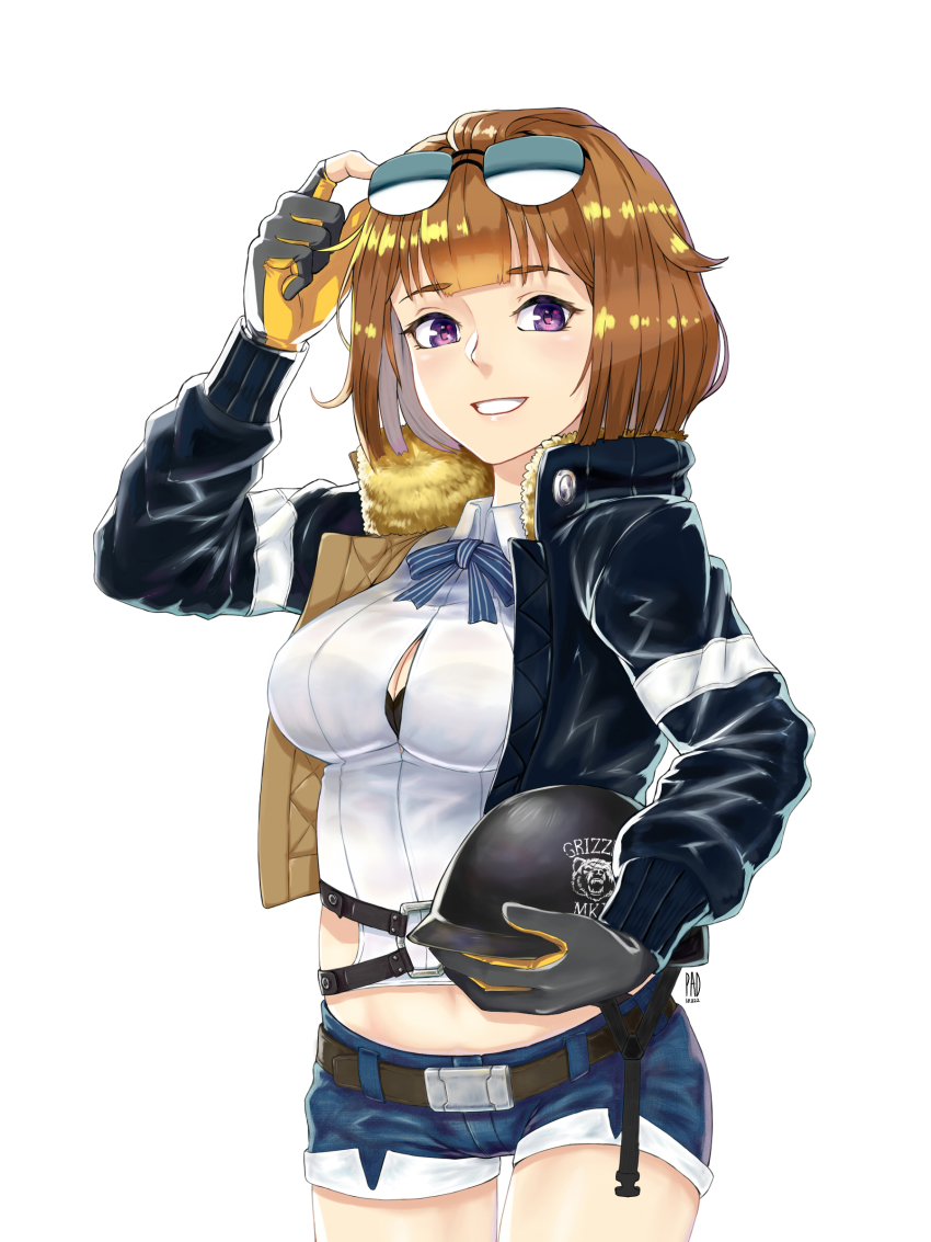 1girl absurdres breasts brown_bear brown_hair commentary_request english_text eyewear_on_head female_focus girls&#039;_frontline gloves grizzly_mkv_(girls&#039;_frontline) helmet highres jacket kimkihun1479 looking_at_viewer medium_breasts midriff purple_eyes ribbon short_hair shorts smile solo sunglasses thighs unbuttoned unbuttoned_shirt