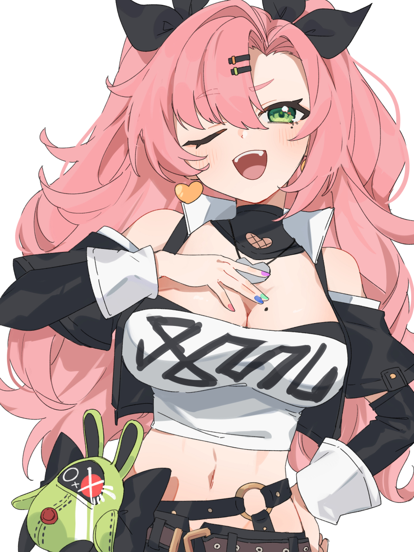1girl ;d absurdres bangboo_(zenless_zone_zero) bare_shoulders black_jacket black_ribbon blue_nails breasts chawarabi cleavage earrings green_eyes green_nails hair_ornament hair_ribbon hairclip head_tilt heart heart_earrings highres jacket jewelry large_breasts long_hair long_sleeves looking_at_viewer midriff mole mole_on_breast nail_polish navel nicole_demara one_eye_closed open_clothes open_jacket open_mouth pink_hair purple_nails ribbon simple_background smile solo stomach strapless tube_top upper_body very_long_hair white_background zenless_zone_zero