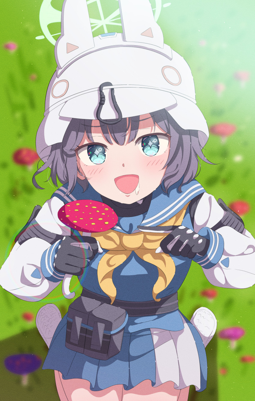 +_+ 1girl :d absurdres animal_ears aqua_eyes black_gloves black_hair blue_archive blue_serafuku blue_shirt blue_skirt blurry blurry_background blush bucket_hat commentary day drooling fake_animal_ears fly_agaric from_above gloves green_halo hair_between_eyes halo hat highres holding holding_mushroom index_finger_raised knees_out_of_frame lens_flare looking_at_viewer mikoshi_(user_wvyd4348) miniskirt mouth_drool mushroom neckerchief open_mouth outdoors pleated_skirt pointing rabbit_ears saki_(blue_archive) school_uniform seiza serafuku shirt short_hair sitting skirt smile solo white_hat white_sleeves yellow_neckerchief
