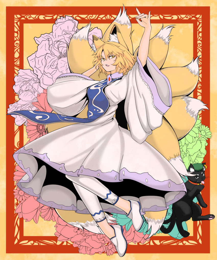 1girl absurdres animal animal_ear_piercing animal_ears animal_hat art_nouveau black_cat blonde_hair blue_tabard cat cat_tail chen chen_(cat) flower fox_ears fox_tail hat highres multiple_tails soretsu_nitohei tabard tail touhou two_tails yakumo_ran