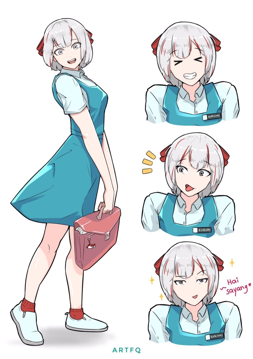 1girl alternate_costume aozora_kurumi artist_name bag dress feeq full_body grey_eyes hair_ribbon highres malaysian_secondary_school_uniform meme name_tag open_mouth pinafore_dress pogchamp_(meme) project_kavvaii red_socks ribbon school_bag school_uniform shirt shoes sleeveless sleeveless_dress smile smug socks solo standing teeth virtual_youtuber white_hair white_shirt white_shoes