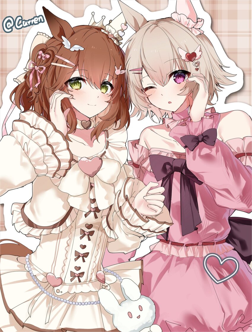 2girls alternate_costume animal_ears aston_machan_(everlasting_candy)_(umamusume) aston_machan_(umamusume) breasts brown_hair closed_mouth collarbone commentary_request curren_chan_(umamusume) detached_sleeves dress goth_fashion grey_hair hair_between_eyes hair_ornament highres horse_ears horse_girl medium_breasts medium_hair multiple_girls one_eye_closed open_mouth purple_eyes ribbon sb_(akagikeai) short_hair simple_background smile umamusume white_background
