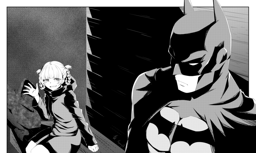1boy 1girl animal_print bat_print batman batman_(series) black_cape bodysuit cape commentary crossover dc_comics greyscale hair_rings highres mask monochrome muscular muscular_male nanakusa_nazuna_(yofukashi_no_uta) sitting smile superhero_costume tanny_v yofukashi_no_uta