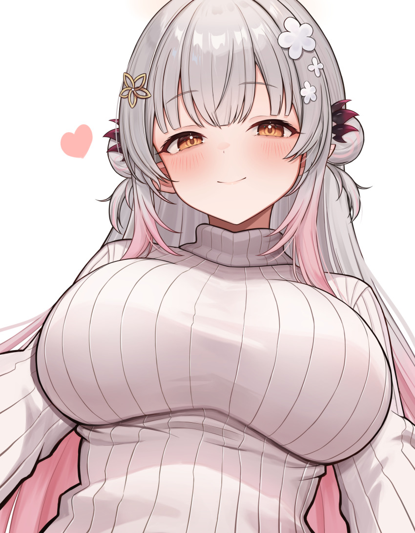 1girl absurdres blush breasts closed_mouth commentary_request daysss double_bun flower grey_hair hair_bun hair_flower hair_ornament hairclip headgear heart highres indie_virtual_youtuber large_breasts long_hair long_sidelocks looking_at_viewer pink_hair ribbed_sweater side_up_bun sidelocks simple_background smile solo suou_patra sweater taut_sweater transparent_background turtleneck turtleneck_sweater upper_body virtual_youtuber white_sweater