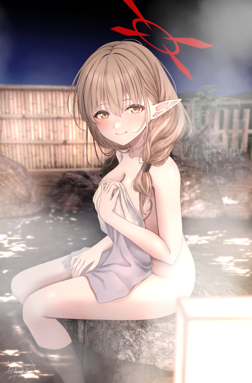 1girl 2024 blue_archive blurry blush breasts brown_eyes brown_hair chinatsu_(blue_archive) chinatsu_(hot_spring)_(blue_archive) cleavage closed_mouth colored_eyelashes commentary_request covering_breasts covering_privates dated depth_of_field feet_out_of_frame film_grain hair_between_eyes hair_over_shoulder halo highres long_hair looking_at_viewer low-tied_long_hair medium_breasts naked_towel night on_rock onsen outdoors pointy_ears red_halo rock signature sitting smile soaking_feet solo steam thighs towel water watermark yoshiki_3821