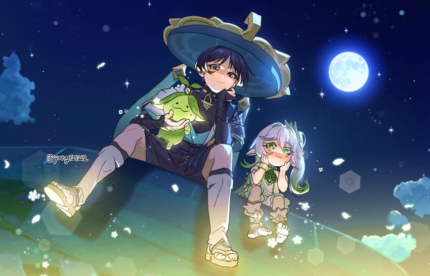 1boy 1girl anklet aqua_sleeves aranara_(genshin_impact) armor black_hair black_shorts black_socks bloom bloomers blue_cape blue_hat blue_kimono blunt_ends blush bracelet bridal_gauntlets cape closed_mouth cloud cloudy_sky cross-shaped_pupils detached_sleeves dress elbow_on_thigh eyeliner eyeshadow falling_flower falling_petals flower fringe_trim from_below full_body full_moon genshin_impact gold gradient_hair green_eyes green_hair green_sleeves hair_between_eyes hair_intakes han&#039;eri hand_on_own_face hands_on_own_face hat head_rest highres japanese_armor japanese_clothes jewelry jingasa kimono kote kurokote layered_kimono layered_sleeves leg_warmers long_hair looking_at_viewer looking_down makeup moon multicolored_hair nahida_(genshin_impact) night night_sky open_clothes open_kimono petals pointy_ears purple_eyes red_eyeliner red_eyeshadow sandals sanpaku scaramouche_(genshin_impact) short_sleeves shorts side_ponytail sidelocks sitting size_difference sky smile socks star_(sky) starry_sky stirrup_footwear sweatdrop symbol-shaped_pupils toeless_footwear toeless_legwear toes twitter_username underwear wanderer_(genshin_impact) white_bloomers white_dress white_flower white_footwear white_hair white_kimono white_leg_warmers white_sleeves yang521212 zouri