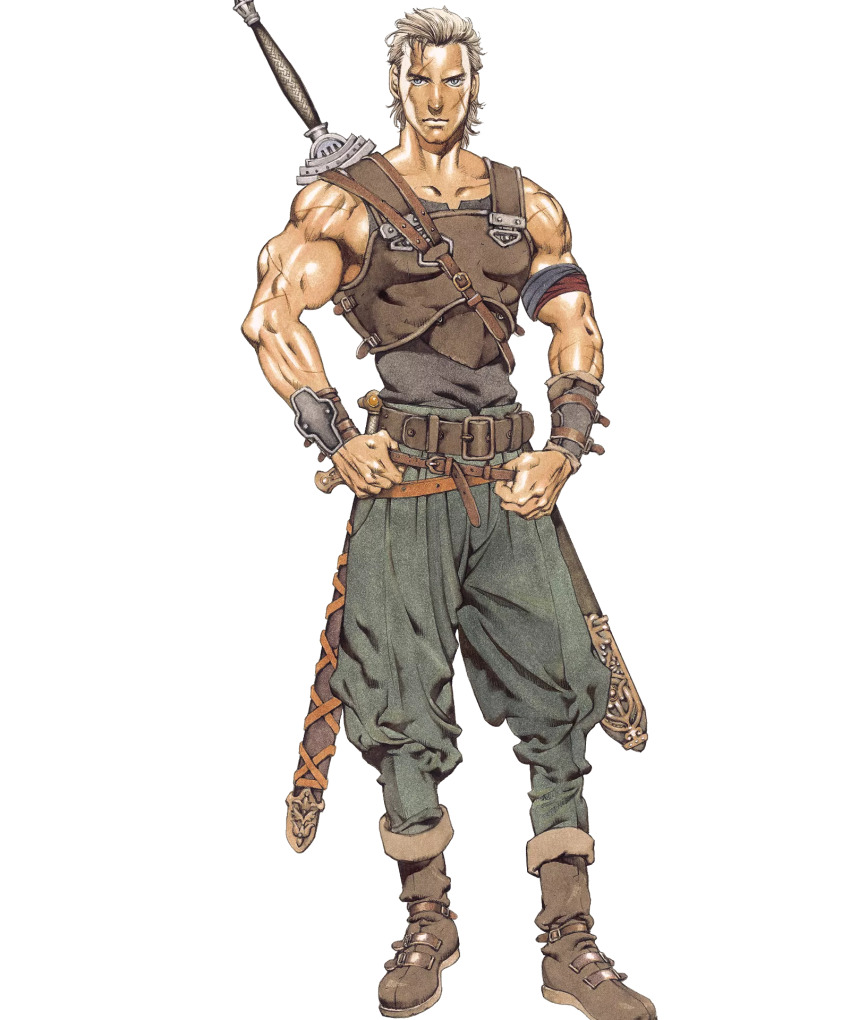 1boy biceps blonde_hair boots cross_scar fire_emblem fire_emblem:_new_mystery_of_the_emblem fire_emblem:_shadow_dragon full_body green_pants highres male_focus mature_male muscular muscular_male nintendo official_art ogma_(fire_emblem) pants scar scar_across_eye scar_on_face sword third-party_source weapon yamada_akihiro