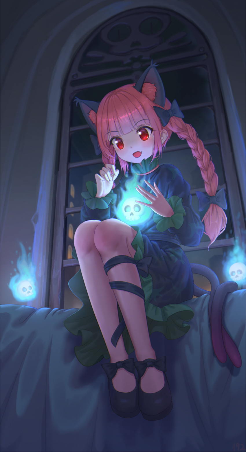 1girl absurdres animal_ear_fluff animal_ears black_bow black_shoes blush bow braid cat_ears cat_tail commentary dress extra_ears fang fire flaming_skull floating_skull green_dress hair_bow highres indoors kaenbyou_rin long_hair long_sleeves multiple_hair_bows multiple_tails nekomata on_bed open_mouth red_eyes red_hair shoes sitting skin_fang skull smile solo tail toorooo touhou twin_braids two_tails window