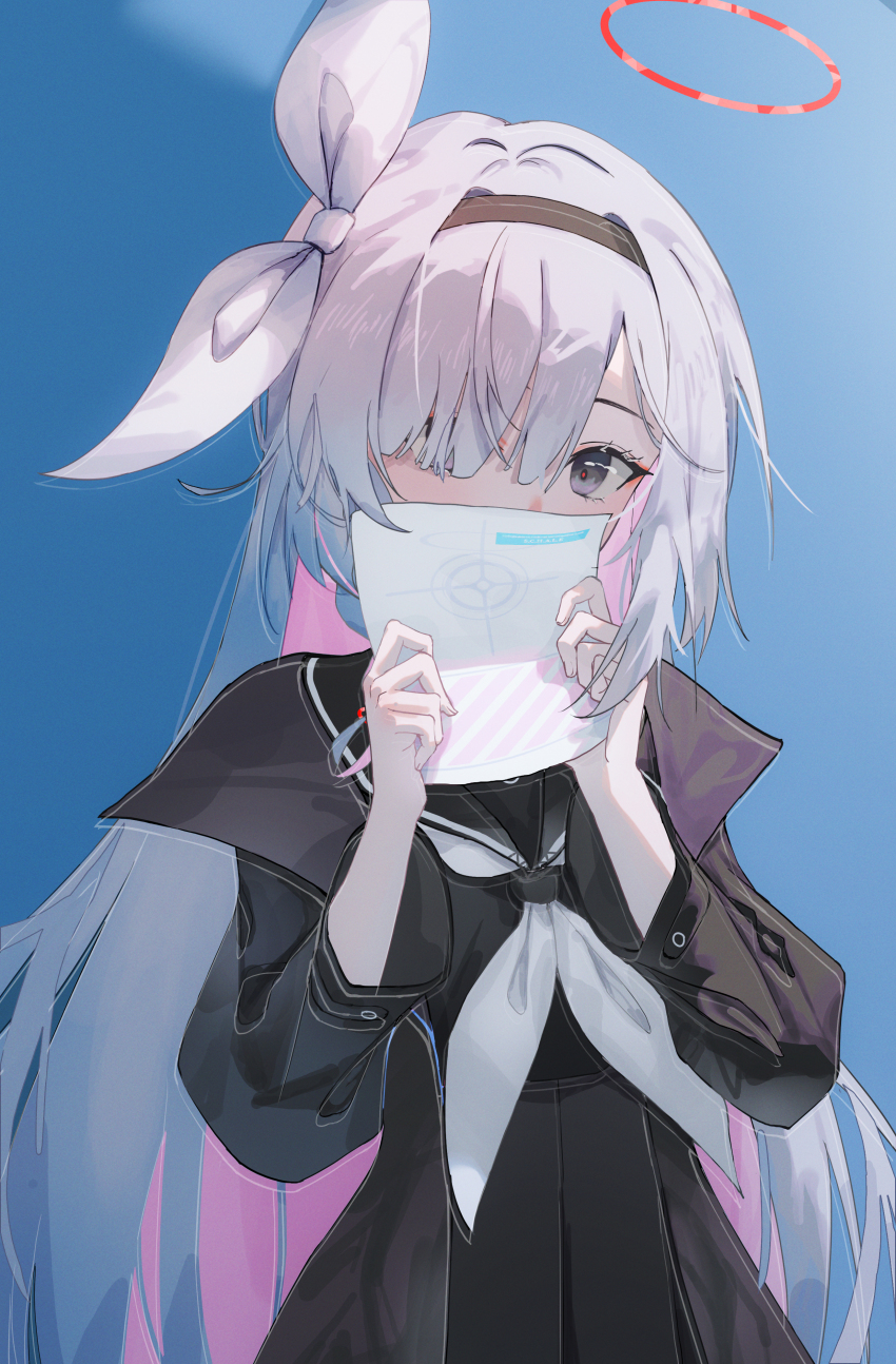 1girl absurdres black_coat black_eyes black_hairband black_sailor_collar black_serafuku black_skirt blue_archive blush coat colored_inner_hair commentary_request grey_hair hair_over_one_eye hairband halo highres holding long_hair long_sleeves looking_at_viewer multicolored_hair neckerchief open_clothes open_coat pink_hair plana_(blue_archive) pleated_skirt red_halo sailor_collar school_uniform serafuku skirt solo white_neckerchief xin1
