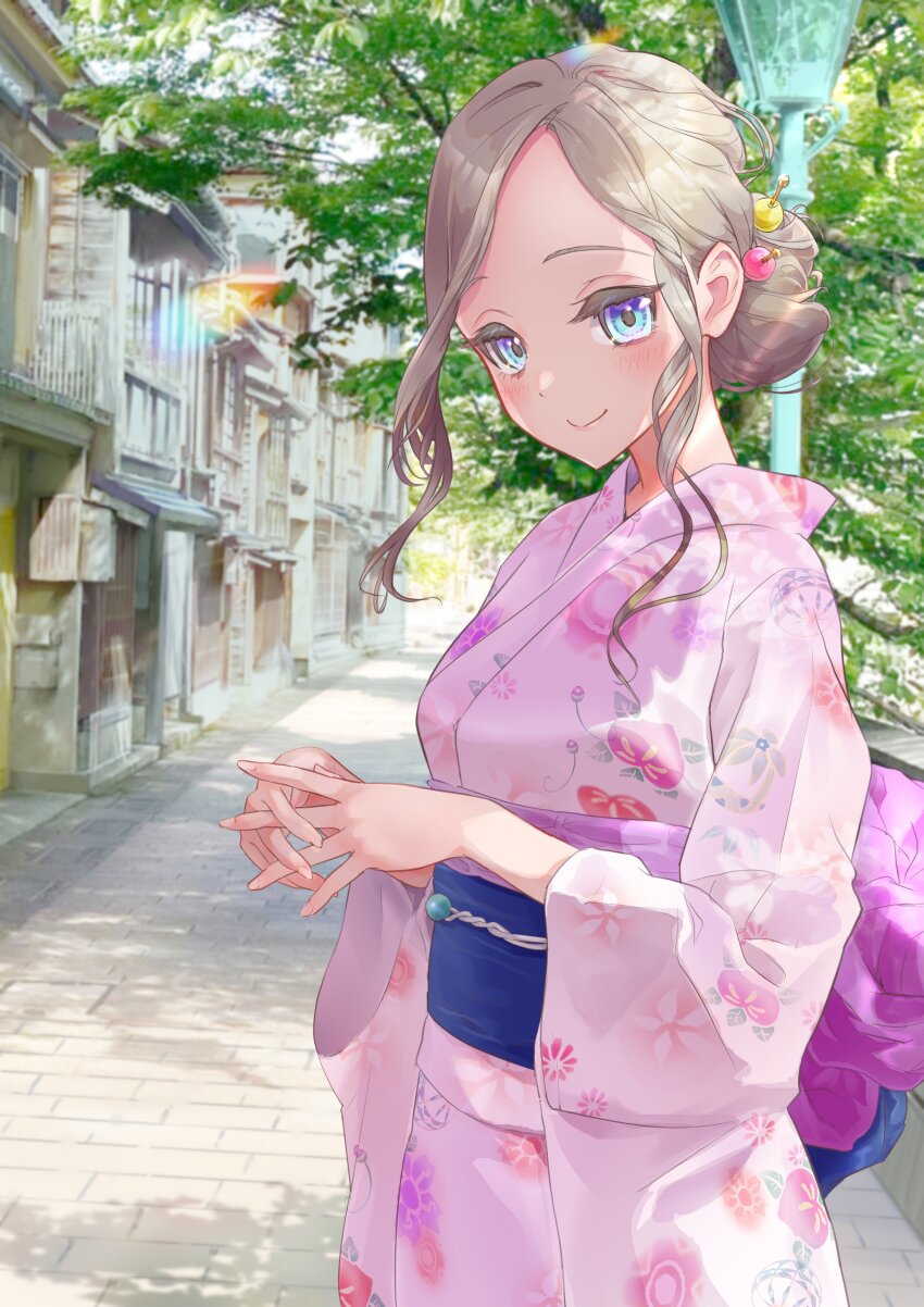 1girl absurdres alternate_costume blue_eyes blue_sash breasts ceras_yanagida_lilienfeld closed_mouth commentary floral_print floral_print_kimono hair_bun hair_ornament highres interlocked_fingers ishikawa_prefecture japanese_clothes kanzashi kimono kobassy link!_like!_love_live! looking_at_viewer love_live! medium_breasts obi obiage obijime outdoors own_hands_together parted_bangs photo_background pink_kimono print_kimono sash short_hair_with_long_locks sidelocks single_hair_bun smile solo split_mouth virtual_youtuber