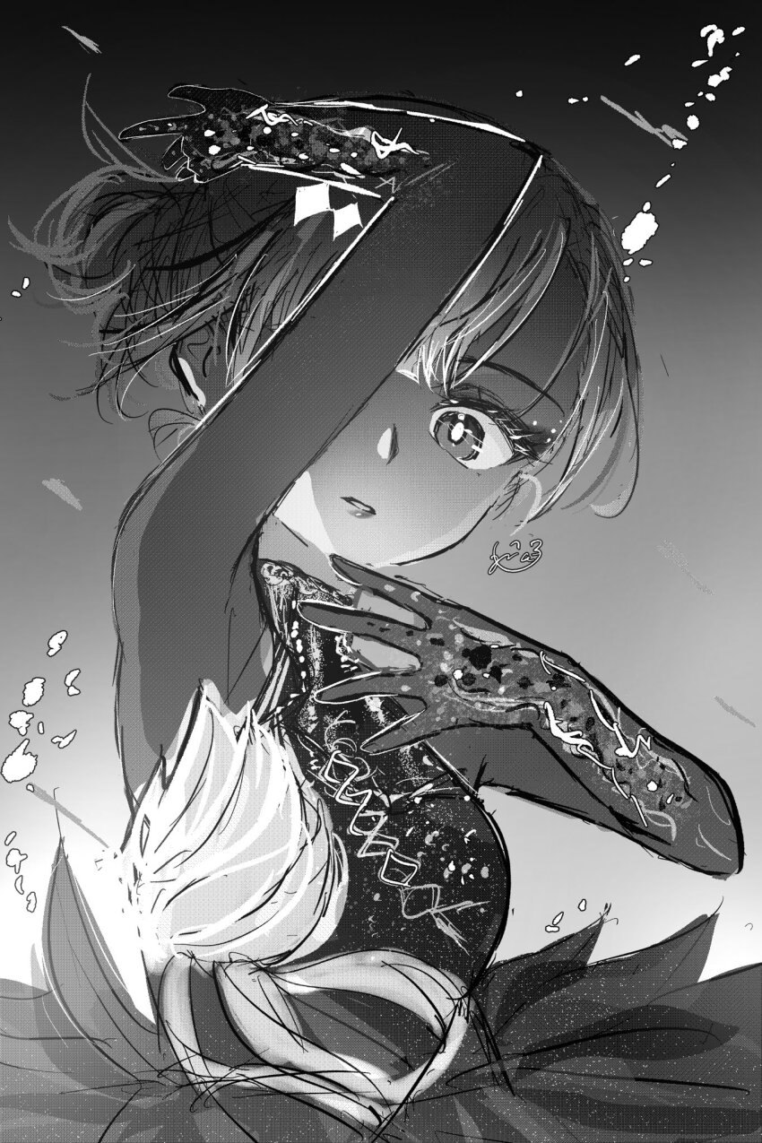 1girl arm_up figure_skating figure_skating_dress gradient_background greyscale highres looking_at_viewer medalist_(manga) monochrome nekokuro_(geja5355) okazaki_iruka one_eye_covered solo