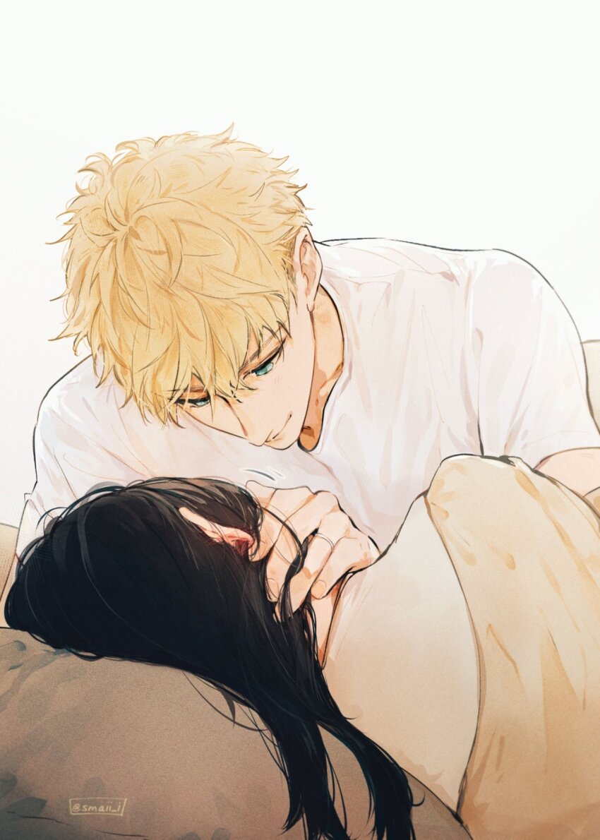1boy 1girl aqua_eyes black_hair blonde_hair blush closed_mouth commentary couple ear_blush english_commentary hand_on_another&#039;s_head hetero highres husband_and_wife looking_at_another maiii_(smaii_i) medium_hair on_bed shirt short_hair simple_background solo_focus spy_x_family twilight_(spy_x_family) twitter_username white_background white_shirt yor_briar