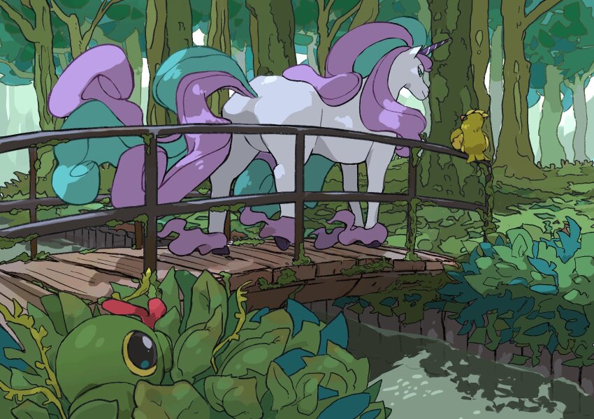age_progression alternate_color aomon_(yuuji7604) bird blue_eyes blue_fur bridge caterpie dappled_sunlight forest from_behind galarian_form galarian_rapidash gen_1_pokemon gen_8_pokemon grass highres horns horse looking_back mane moss nature nintendo no_humans pidgey pokemon pokemon_(creature) pokemon_focus pony_(animal) purple_fur river shiny_pokemon single_horn sunlight tree unicorn walking water wooden_bridge