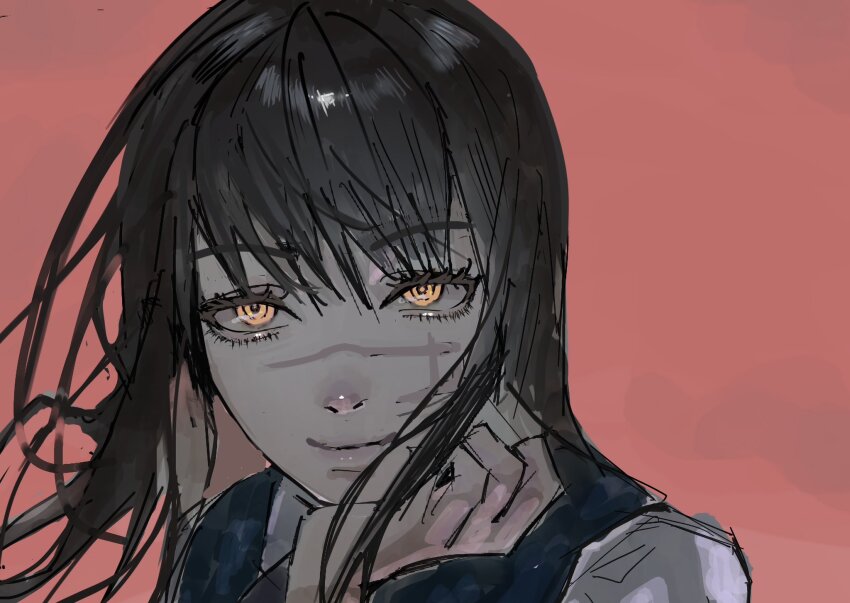 1girl black_hair chainsaw_man cheshire_nek close-up closed_mouth commentary_request facial_scar fourth_east_high_school_uniform highres long_hair looking_at_viewer red_background ringed_eyes scar scar_on_cheek scar_on_face scar_on_nose school_uniform shirt solo white_shirt yellow_eyes yoru_(chainsaw_man)
