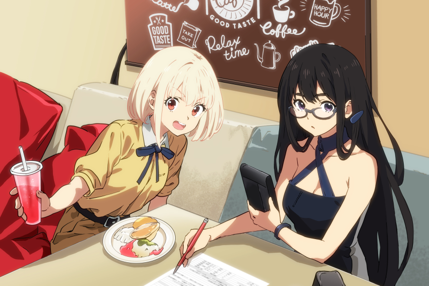 2girls :d belt black-framed_eyewear black_belt black_hair blonde_hair blue_ribbon breasts cleavage collarbone cup disposable_cup dress glasses highres holding holding_cup holding_pen holding_phone inoue_takina long_hair lycoris_recoil multiple_girls neck_ribbon nishikigi_chisato open_mouth pen phone plate purple_eyes red_eyes ribbon semi-rimless_eyewear short_hair sitting smile tongue under-rim_eyewear washu_junkyu yellow_dress