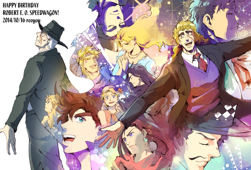 4girls 6+boys absurdres artist_name caesar_anthonio_zeppeli dated dual_persona erina_pendleton george_joestar_ii happy_birthday highres jojo_no_kimyou_na_bouken jonathan_joestar joseph_joestar joseph_joestar_(young) kuujou_holly lisa_lisa multiple_boys multiple_girls robert_e._o._speedwagon straizo suzi_q will_anthonio_zeppeli yuu_knight3858