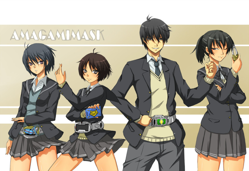 1boy 3girls amagami belt kamen_rider kamen_rider_blade_(series) kamen_rider_garren kamen_rider_hibiki kamen_rider_hibiki_(series) kamen_rider_kabuto_(series) kamen_rider_kick_hopper kamen_rider_ryuki_(series) kamen_rider_tiger multiple_girls nanasaki_ai parody school_uniform tachibana_jun&#039;ichi tachibana_miya toki_(tokihakashi) tsukahara_hibiki