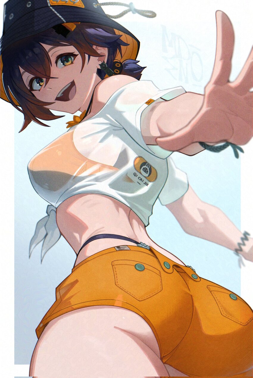 1girl ass belle_(summer_skies)_(zenless_zone_zero) belle_(zenless_zone_zero) bikini bikini_bottom_under_shorts bikini_top_under_shirt bikini_under_clothes bucket_hat commentary english_commentary fish_hat hat highres mendo0821 official_alternate_costume orange_bikini orange_shorts see-through_clothes see-through_shirt shirt shorts solo swimsuit tied_shirt zenless_zone_zero