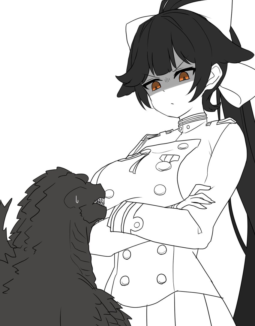 1girl aiguillette alternate_size angry azur_lane blush bow breasts buttons closed_mouth commentary_request crossed_arms crossover epaulettes extra_ears fingernails from_behind frown glaring godzilla godzilla_(minus_one) godzilla_(series) godzilla_minus_one green_eyes hair_bow hair_ears hair_flaps height_difference highres ibuki_(tulta_icon) kaiju large_breasts long_hair long_sleeves looking_down looking_up medal military_uniform monochrome pleated_skirt ponytail shaded_face sharp_teeth simple_background skirt spines sweatdrop takao_(azur_lane) teeth toho very_long_tail white_background