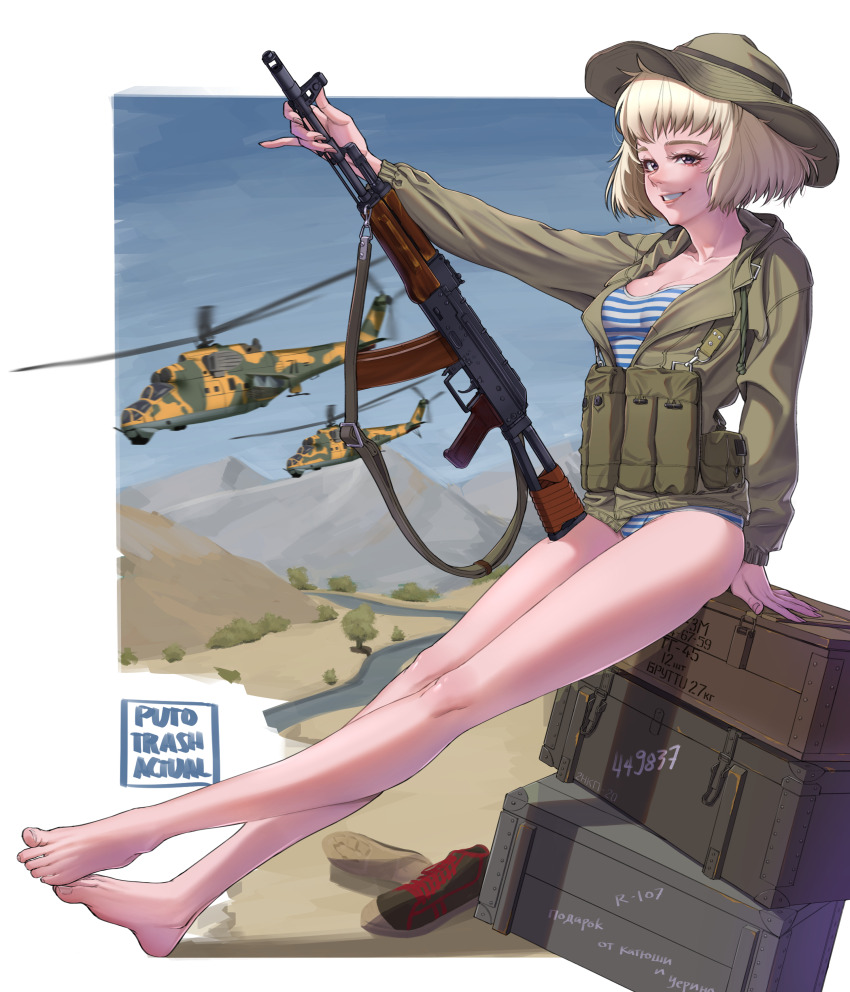 1girl absurdres afghanistan aircraft ak-74 aks-74 ammunition_pouch artist_name assault_rifle attack_helicopter bare_legs barefoot blonde_hair bob_cut breasts brown_eyes bucket_hat camouflage collarbone commentary feet full_body green_jacket grin gun gun_sling hat helicopter highres holding holding_gun holding_weapon jacket kalashnikov_rifle legs load_bearing_equipment long_sleeves looking_at_viewer magazine_(weapon) medium_breasts medium_hair mi-24 military military_fatigues military_uniform military_vehicle no_pants open_clothes open_jacket original outdoors pouch puto_trash rifle shirt shoes sitting sky smile solo soviet soviet_army striped_clothes striped_shirt teeth telnyashka thighs toenails toes unworn_shoes war_in_afghanistan weapon