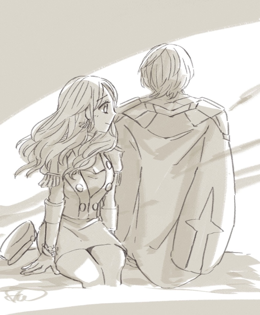 1boy 1girl armor batoson54 breasts male_byleth_(fire_emblem) cleavage closed_mouth dorothea_arnault dress earrings fire_emblem fire_emblem:_three_houses from_behind garreg_mach_monastery_uniform hat highres jewelry long_hair monochrome nintendo short_hair smile