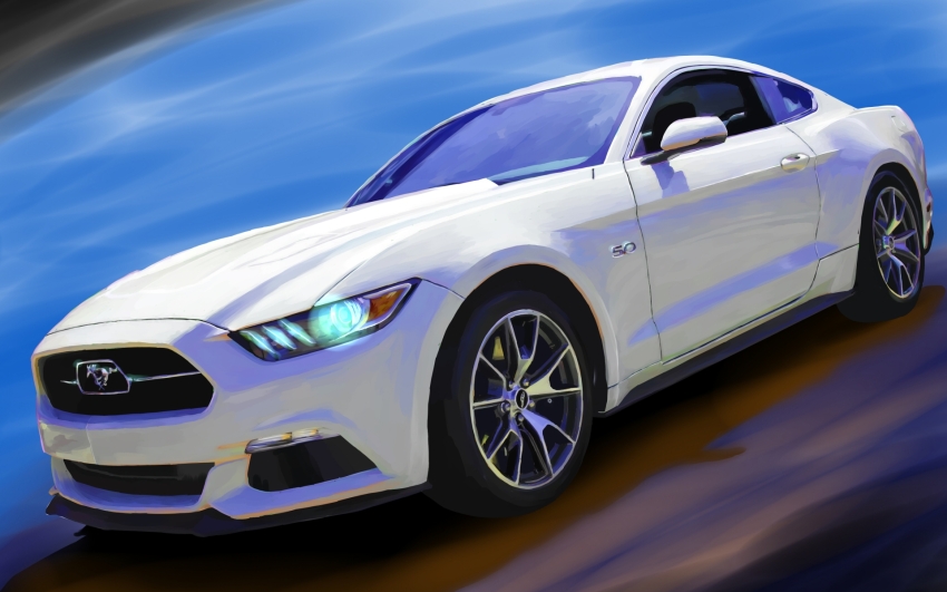 car ford ford_mustang ford_mustang_s550 glowing highres kirishima_juukougyou motor_vehicle muscle_car no_humans original shadow vehicle_focus white_car