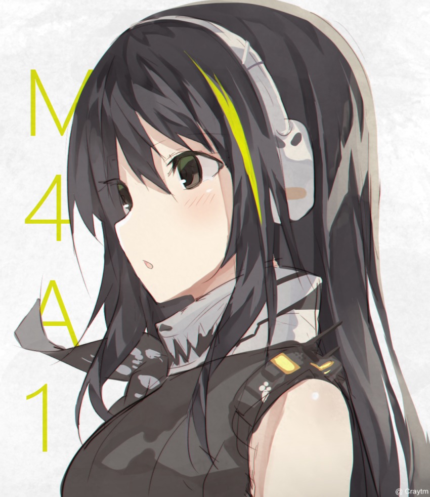 1girl black_hair black_shirt blush brown_eyes character_name commentary craytm english_commentary female_focus from_side girls&#039;_frontline green_hair grey_background hair_between_eyes headphones highres long_hair looking_away m4a1_(girls&#039;_frontline) multicolored_hair parted_lips portrait shirt simple_background sleeveless sleeveless_shirt solo streaked_hair twitter_username