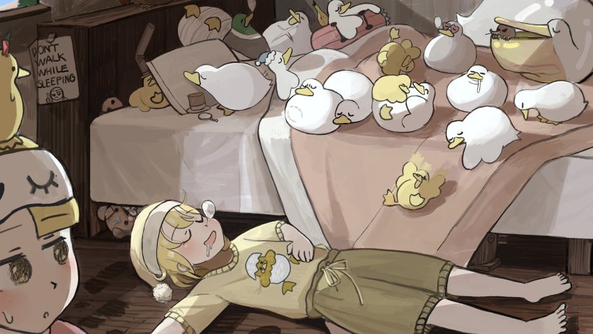 2girls bed bird bite_mark blouse blue_hat chicken chili_pepper closed_eyes clumsy_nun_(diva) cookie cross_scar diva_(hyxpk) duck duckling food hat highres in_mouth little_nuns_(diva) mallard mole_(animal) monocle motion_blur multiple_girls nightcap nose_bubble nun object_on_head pelican poster_(object) scar shirt sleeping slice_of_life sliding spicy_nun_(diva) top_hat traditional_nun u_u unworn_eyewear unworn_headwear wooden_floor yellow_hat yellow_shirt