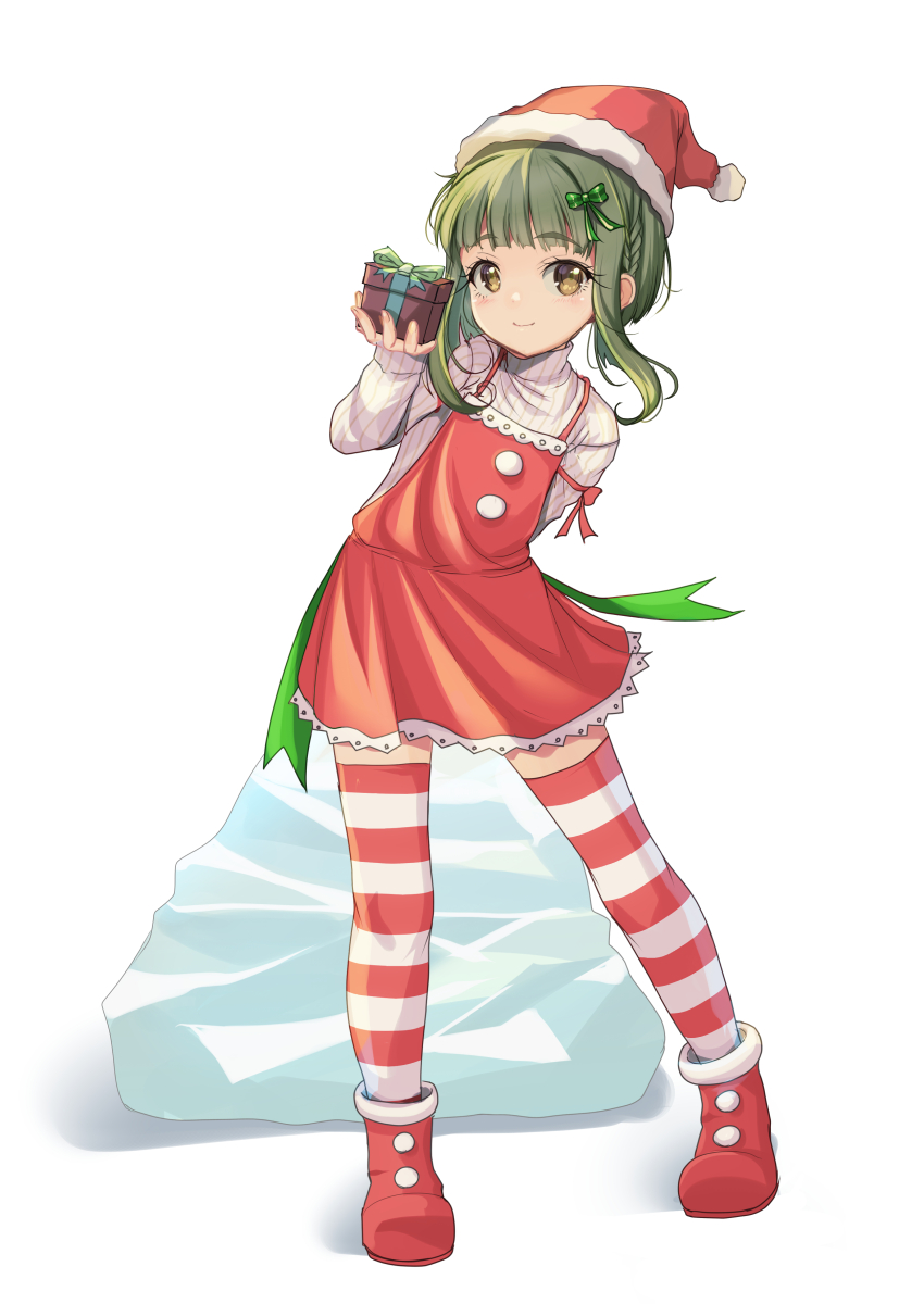 1girl absurdres blunt_bangs bob_cut boots box brown_eyes child dress feet_out_of_frame fur-trimmed_boots fur-trimmed_headwear fur_trim gift gift_box green_hair hat highres holding kantai_collection red_boots red_dress red_hat ribbed_sweater sack santa_hat short_hair short_hair_with_long_locks sidelocks smile solo striped_clothes striped_thighhighs sweater takanami_(kancolle) thighhighs white_background white_sweater yashin_(yasinz)