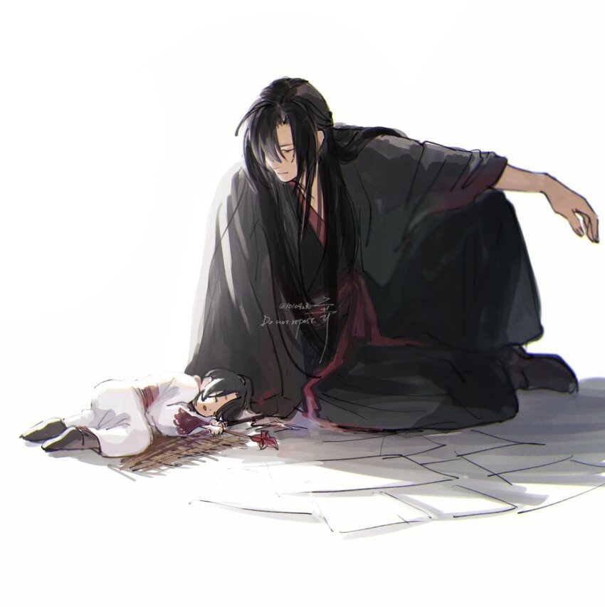 1010923 2boys aged_down arm_on_knee black_boots black_hair black_hanfu boots child chinese_clothes closed_eyes closed_mouth coat full_body grey_coat hair_down hair_over_one_eye half_updo hanfu highres holding holding_toy knee_up lan_sizhui long_hair long_sleeves looking_at_another looking_down lying male_focus modao_zushi multiple_boys official_alternate_costume official_alternate_hairstyle on_ground on_side open_clothes open_coat outstretched_arm parted_lips red_sash robe sash simple_background sitting sleeping smile toy twitter_username very_long_hair watermark wei_wuxian wei_wuxian_(yiling_laozu) white_background white_hanfu wide_sleeves