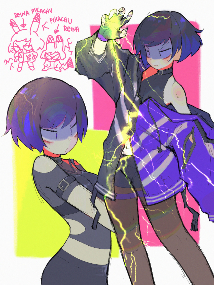 1girl absurdres commentary electricity electrokinesis fingerless_gloves fingernails gen_1_pokemon gloves highres hood hood_down jacket pikachu purple_jacket pyoko_(sandwicha) reina_(tekken) sharp_fingernails short_hair tekken tekken_8 zipper