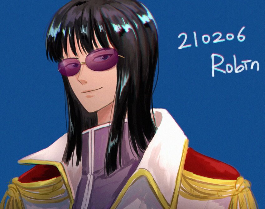 1girl bin_(binonep) black_hair blue_background blue_eyes blunt_bangs character_name close-up closed_mouth coat coat_on_shoulders collared_coat commentary dated epaulettes high_collar highres light_smile medium_hair nico_robin nico_robin_(g-8) one_piece purple-tinted_eyewear simple_background smile solo sunglasses tinted_eyewear upper_body white_coat