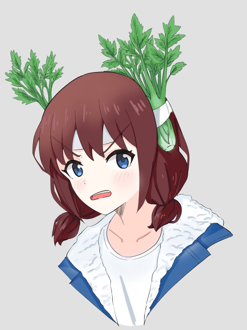 1girl blue_eyes blue_jacket blush brown_hair celery collarbone commentary_request cropped_torso food girls_band_cry grey_background highres iseri_nina jacket looking_at_viewer low_twintails open_mouth sagittarius_(cruxhkg) shirt short_hair short_twintails simple_background solo teeth twintails upper_body upper_teeth_only vegetable white_shirt