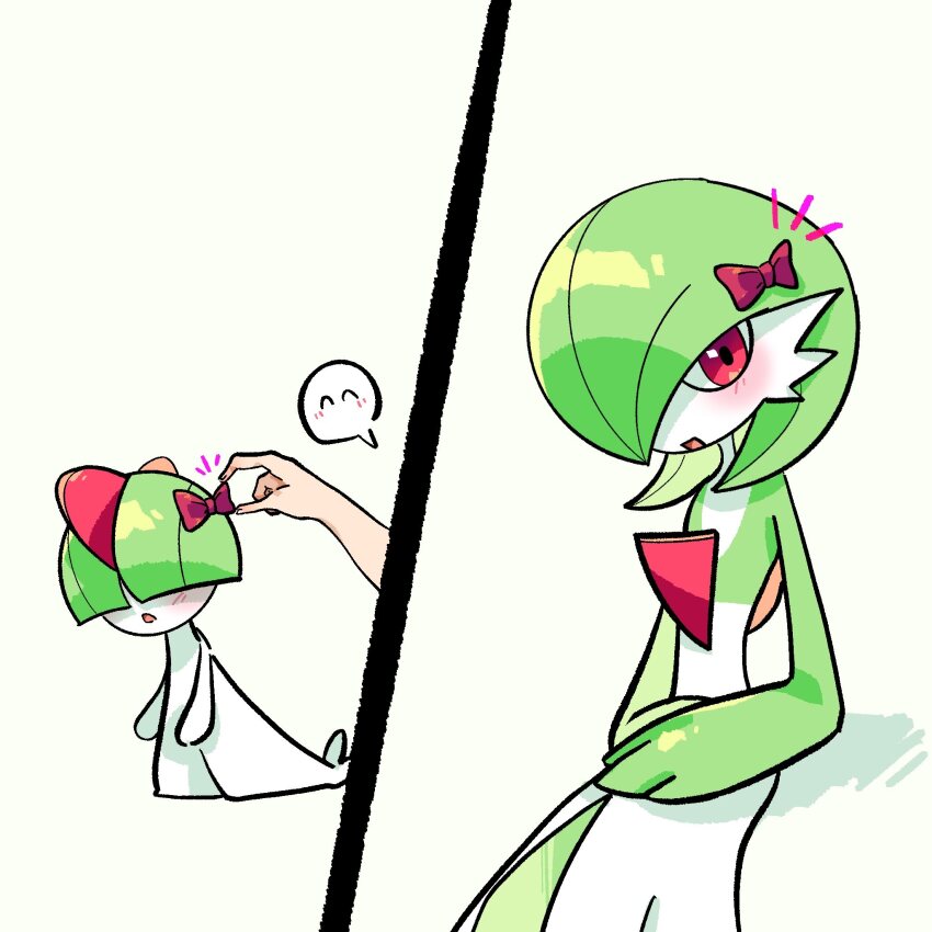 blush bob_cut bow bowl_cut colored_skin gardevoir gen_3_pokemon green_hair hair_bow hair_over_eyes hair_over_one_eye highres looking_at_viewer mikanbouzuuu nintendo pink_bow pokemon pokemon_(creature) ralts white_skin