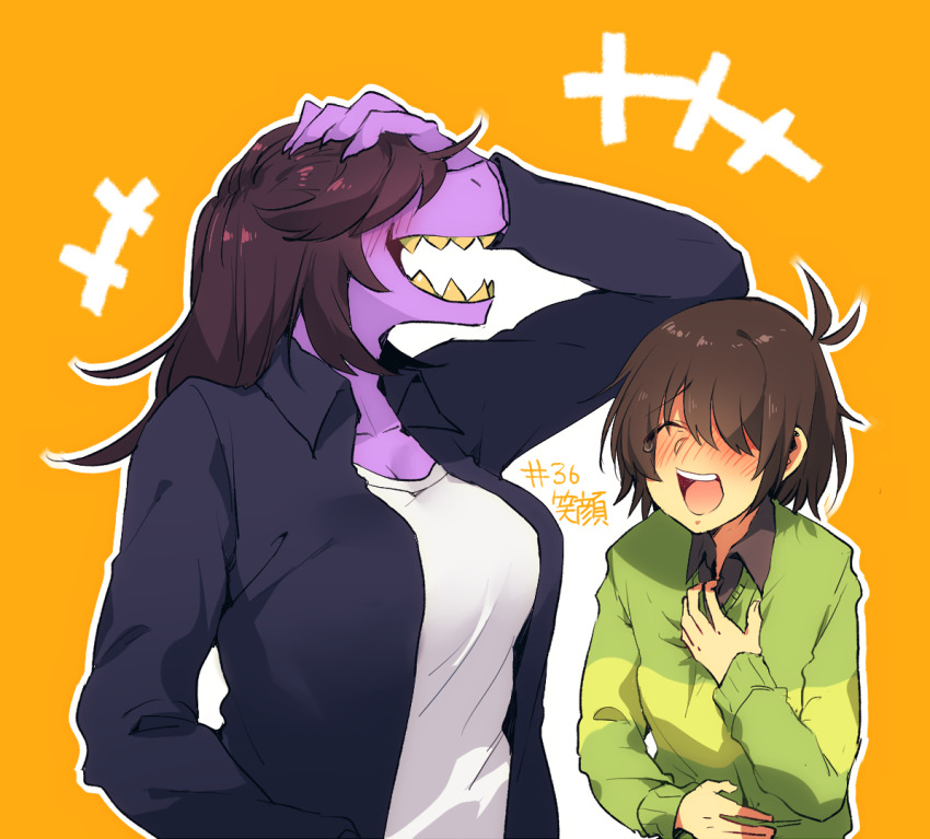 +++ 1girl 1other blush brown_hair deltarune furry furry_female green_sweater hand_on_own_chest hand_on_own_head komugiko_(bitte_komu) kris_(deltarune) laughing long_hair open_mouth orange_background outline sharp_teeth shirt short_hair susie_(deltarune) sweater tearing_up teeth upper_body white_outline white_shirt