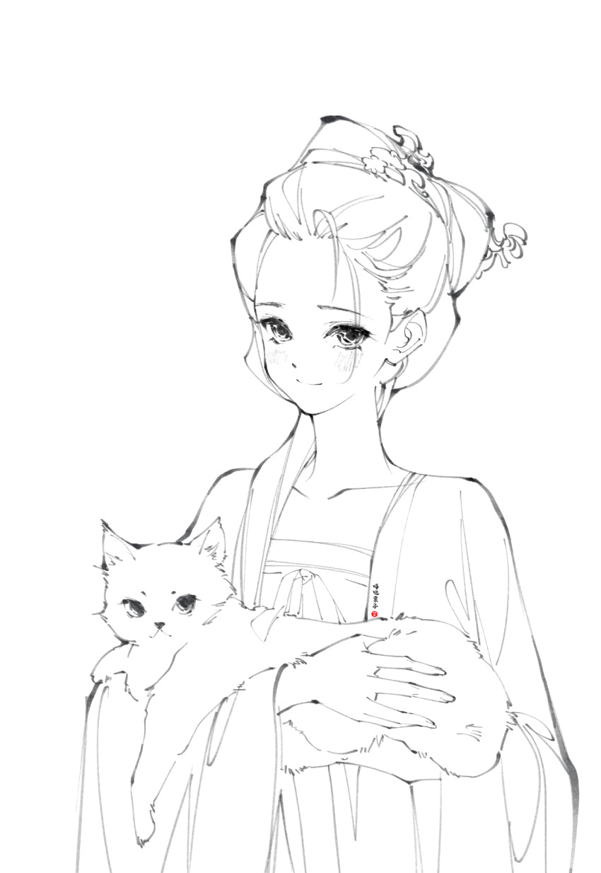 1girl animal blush cat chinese_commentary closed_mouth collarbone commentary_request dress greyscale hair_over_shoulder highres holding holding_animal holding_cat long_hair looking_at_viewer miaodalizi monochrome original robe simple_background sketch smile solo standing updo upper_body white_background