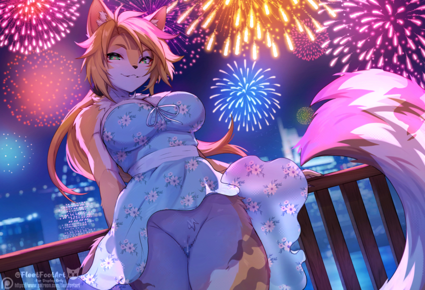 1girl :3 aerial_fireworks against_railing animal_ears bar_censor blue_dress breasts cat_ears cat_girl cat_tail censored cityscape dress fireworks furry furry_female green_eyes large_breasts long_hair looking_at_viewer mosaic_censoring parted_bangs ponytail pulchra_fellini pussy railing smile solo straykat tail zenless_zone_zero