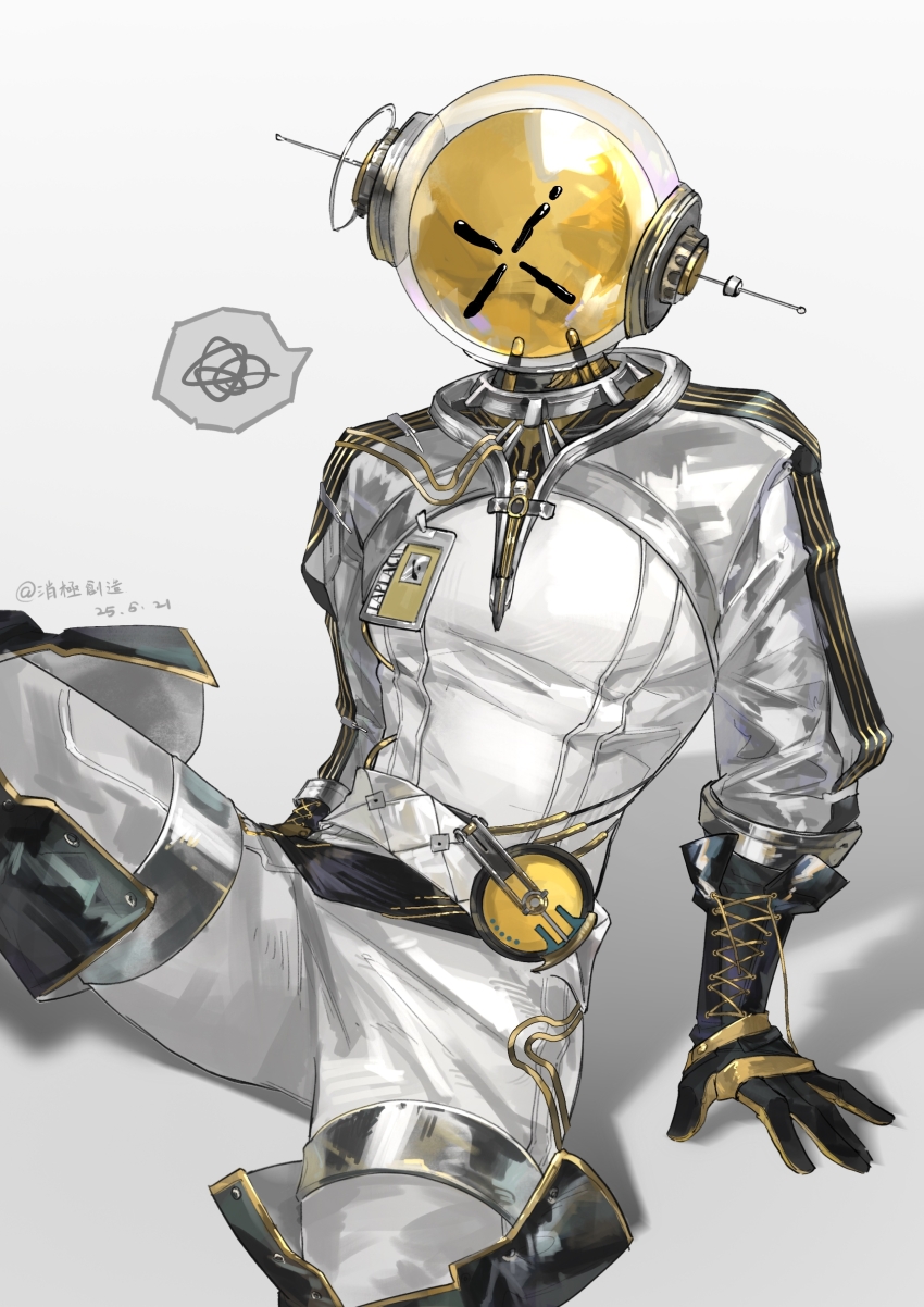 1boy absurdres black_boots black_gloves boots cowboy_shot ferrofluid fishbowl_helmet gloves highres id_card jumpsuit leg_up male_focus object_head on_ground reverse:1999 shadow sitting solo speech_bubble spoken_squiggle squiggle thigh_boots ulrich_(reverse:1999) white_background white_jumpsuit x xiaoji_chuangzao