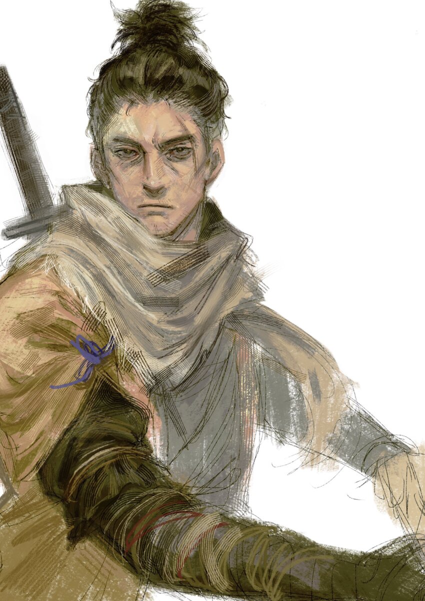 1boy black_hair bullfrogsan closed_mouth frown highres looking_at_viewer male_focus mature_male orange_tunic outstretched_arms ponytail prosthesis prosthetic_arm scar scar_on_face scarf sekiro sekiro:_shadows_die_twice simple_background sketch solo sword sword_on_back tunic weapon weapon_on_back white_background white_scarf