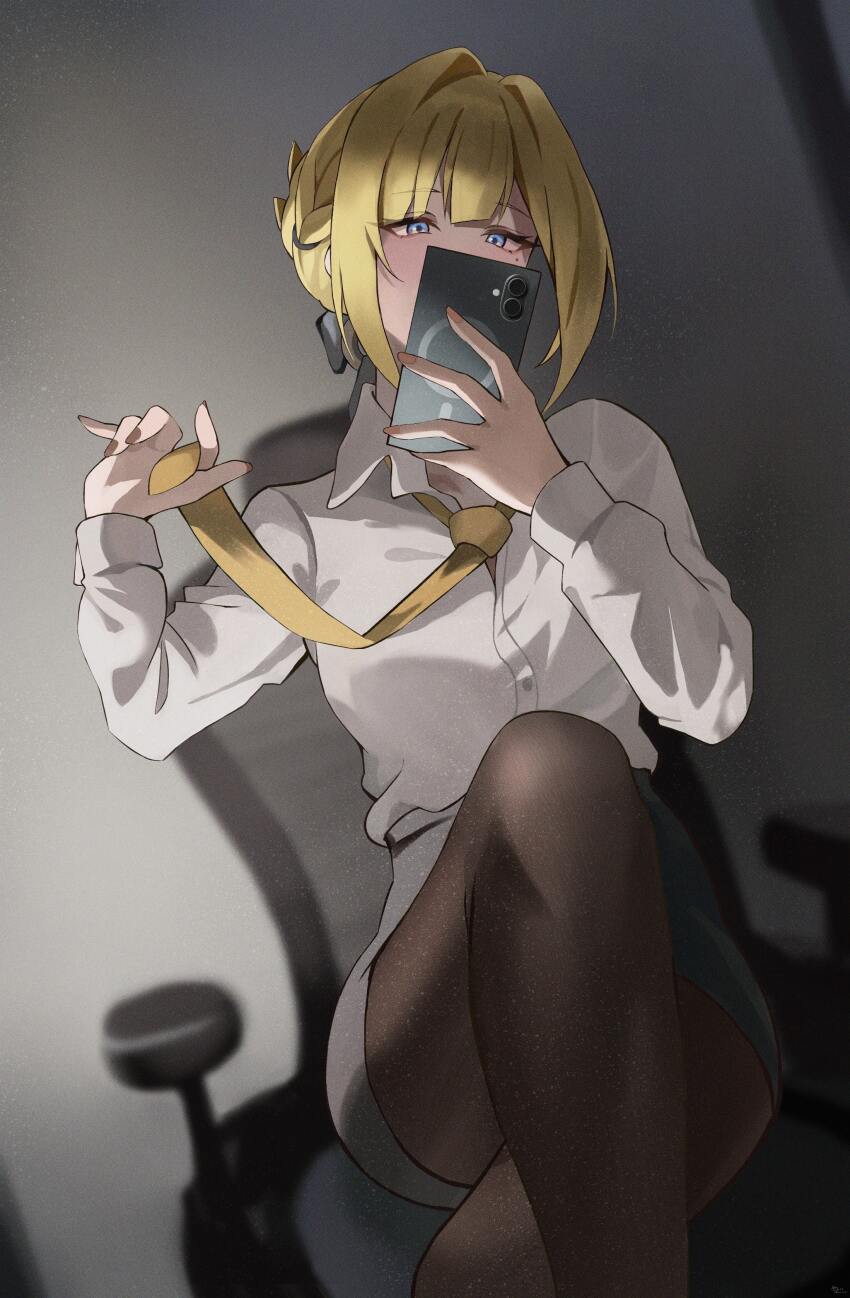 1girl absurdres alternate_costume black_pantyhose black_skirt blonde_hair blue_eyes cellphone chair collared_shirt commentary_request crossed_legs evelyn_chevalier highres holding holding_phone indoors long_sleeves mirror_selfie mole mole_under_eye necktie office_lady on_chair pantyhose partial_commentary phone selfie shirt short_hair sitting skirt smartphone solo white_shirt yato_(yama0x1) yellow_necktie zenless_zone_zero