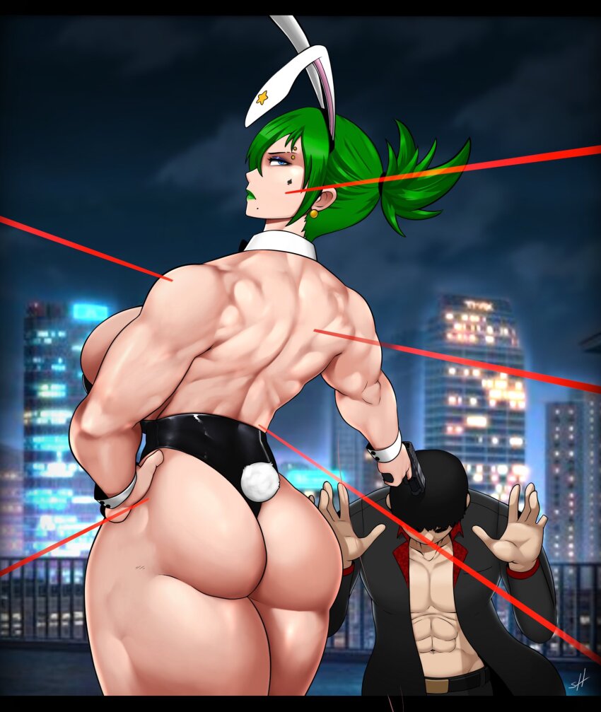 1boy 1girl 2021 animal_ears artist_name ass avis_(strangehero) back_cutout bare_back bare_shoulders belt black_hair black_jacket black_leotard black_pants blurry breasts building city_lights cityscape clothing_cutout collarbone commentary cowboy_shot depth_of_field detached_collar english_commentary eyeshadow fake_animal_ears green_eyes green_hair green_lips gun_to_head hands_up head_down highres huge_ass huge_breasts jacket kneeling laser_pointer laser_sight leotard looking_back makeup mole mole_under_mouth muscular muscular_male night night_sky open_clothes open_jacket original outdoors pants piercing playboy_bunny ponytail purple_eyeshadow rabbit_tail rooftop short_hair sideboob sideways_glance sky skyscraper spade_(shape) standing star_(symbol) strangehero tall_female thick_thighs thighs wide_hips wrist_cuffs yakuza