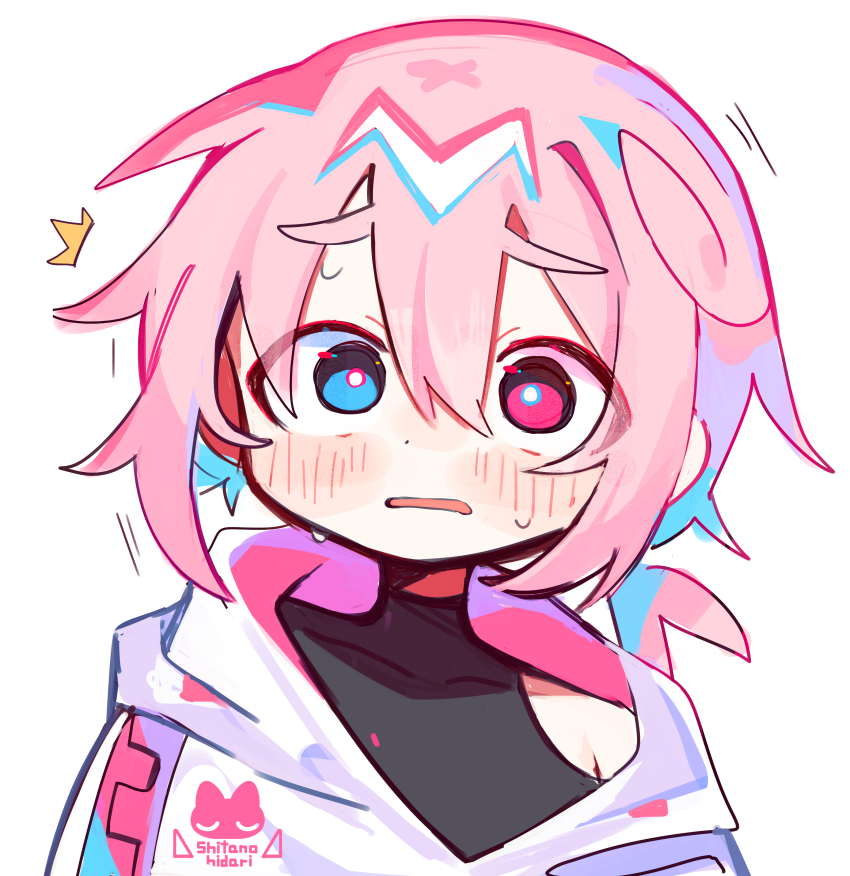 1boy ^^^ absurdres blue_eyes bright_pupils commentary_request eyes_visible_through_hair hair_between_eyes heterochromia highres hood hood_down hoodie male_focus open_mouth original pink_eyes pink_hair portrait raito-kun_(uenomigi) short_hair simple_background solo surprised turtleneck uenomigi white_background white_hoodie white_pupils wide-eyed