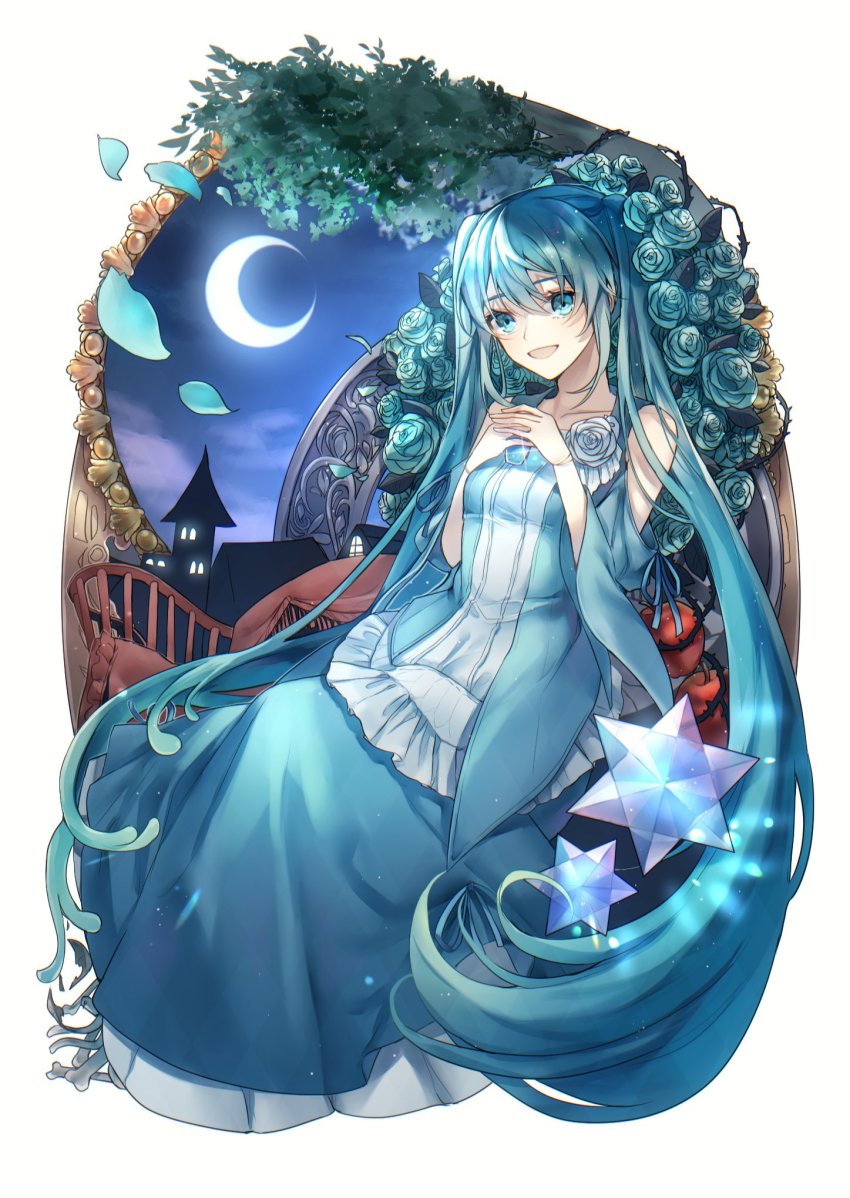 1girl apple aqua_dress aqua_eyes aqua_flower aqua_hair aqua_rose aryuma772 bare_shoulders bone bottle candy clothing_cutout cloud collarbone crescent_moon dress evillious_nendaiki flower food frilled_dress frills fruit hatsune_miku highres holding holding_bottle konpeitou long_dress long_hair looking_at_viewer margarita_blankenheim moon moonlit_bear_(vocaloid) nemurase_hime_kara_no_okurimono_(vocaloid) night night_sky open_mouth petals plateau_no_hana_(vocaloid) apple rose shoulder_cutout sitting sky smile solo spoilers twintails very_long_hair vocaloid wide_sleeves