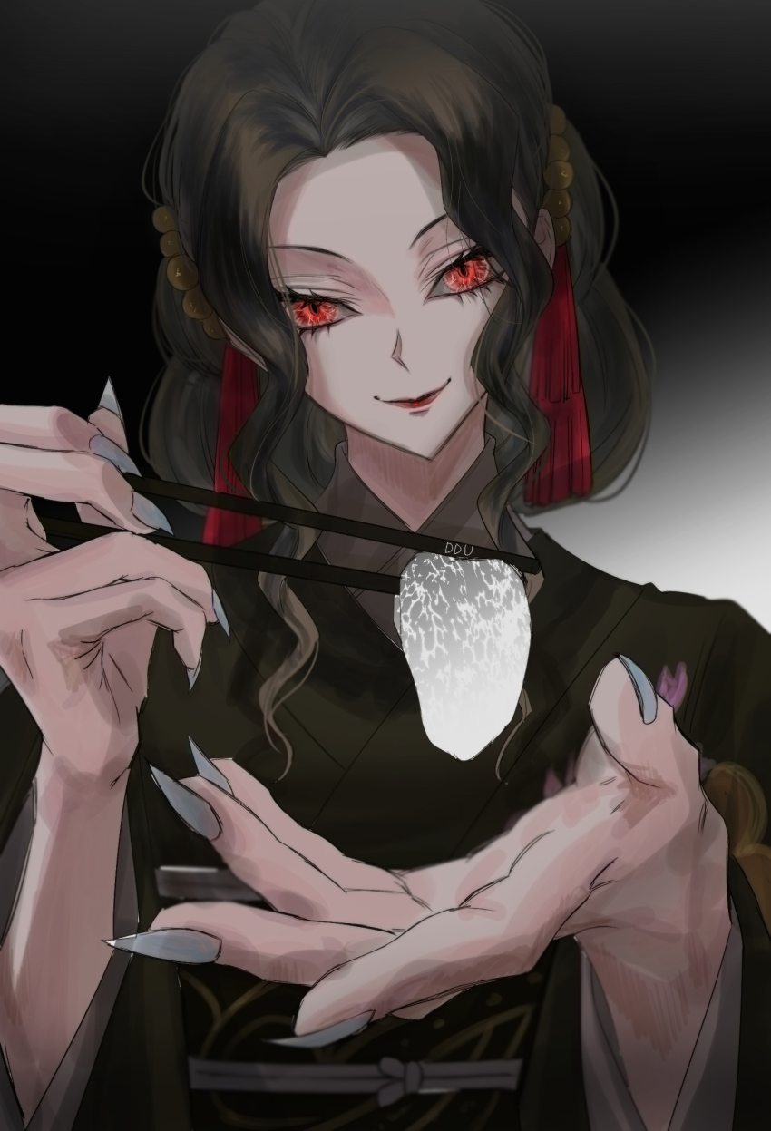 1girl black_hair black_kimono chopsticks commentary_request ddu_45 feeding fingernails grey_nails head_tilt highres holding holding_chopsticks japanese_clothes kibutsuji_muzan kibutsuji_muzan_(female) kimetsu_no_yaiba kimono korean_commentary pov red_eyes sharp_fingernails signature smile solo upper_body