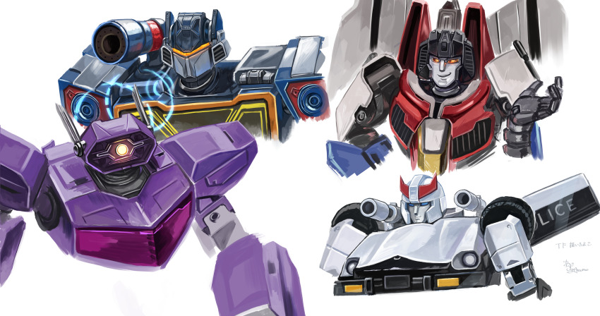 absurdres amazuya_azuma arm_cannon autobot commentary_request decepticon glowing highres looking_at_viewer multiple_boys no_humans open_mouth prowl_(transformers) red_eyes robot shockwave_(transformers) smile soundwave_(transformers) starscream transformers transformers_one weapon