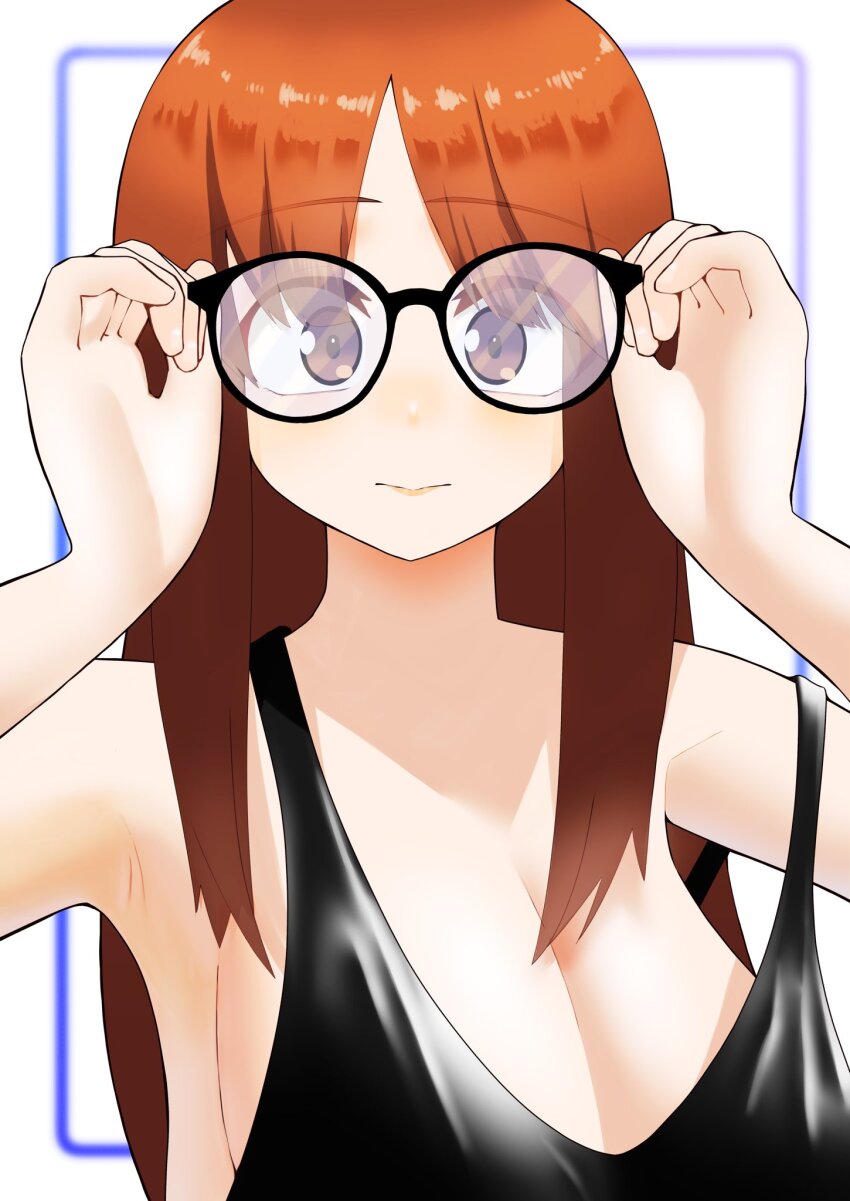 1girl alternate_costume alternate_hair_length alternate_hairstyle armpit_crease armpits bespectacled black_camisole breasts brown_eyes brown_hair camisole cleavage closed_mouth commentary_request girls_und_panzer glasses highres holding holding_removed_eyewear large_breasts long_hair mochi_(mochiokomet) nishizumi_miho round_eyewear sleeveless spaghetti_strap unworn_eyewear