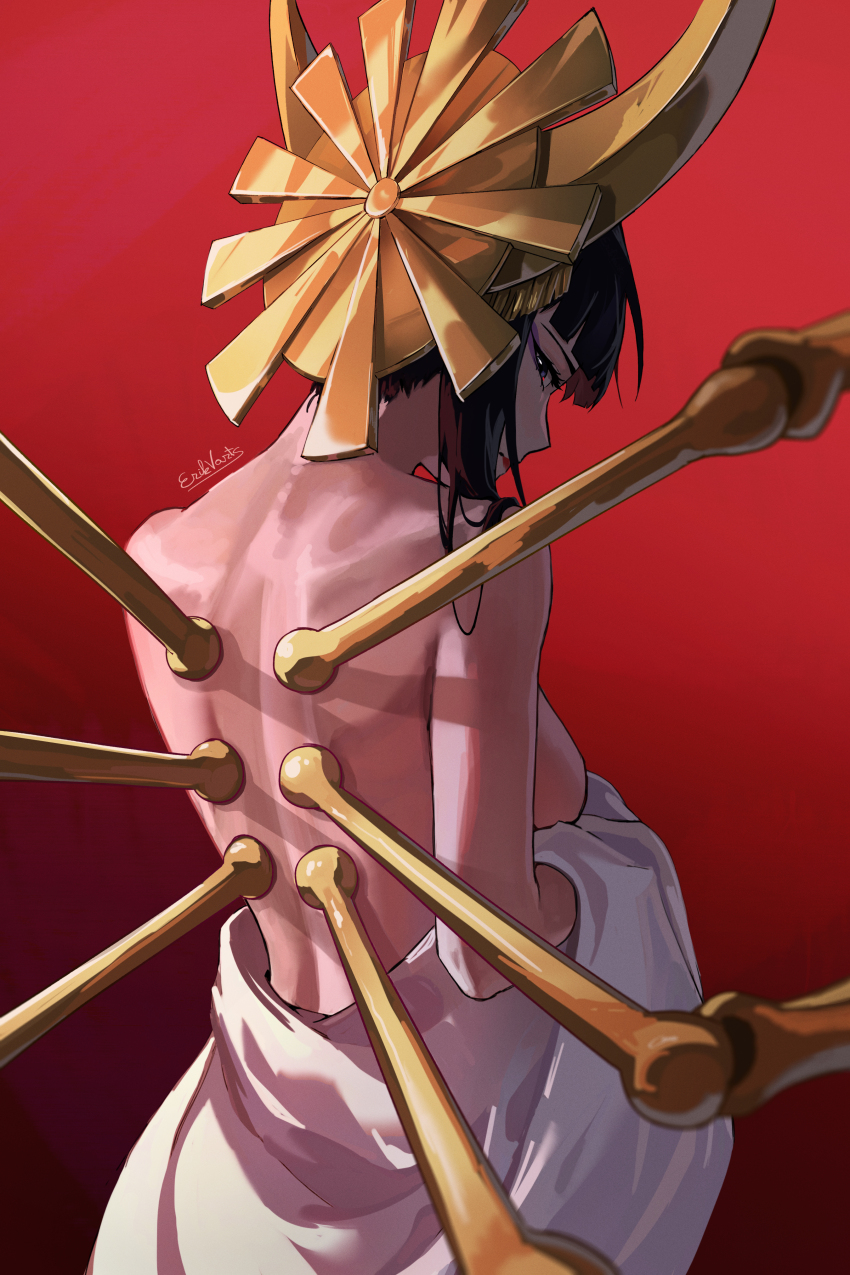 1girl absurdres artist_name back backboob bare_shoulders black_hair bleach bleach:_sennen_kessen-hen blunt_bangs breasts commentary cowboy_shot crescent crescent_hair_ornament erikvarts eyeshadow from_behind gradient_background hair_ornament haori highres japanese_clothes looking_at_viewer looking_back makeup mechanical_arms medium_breasts profile purple_eyeshadow red_background red_lips shutara_senjumaru sideways_glance simple_background solo undressing white_haori